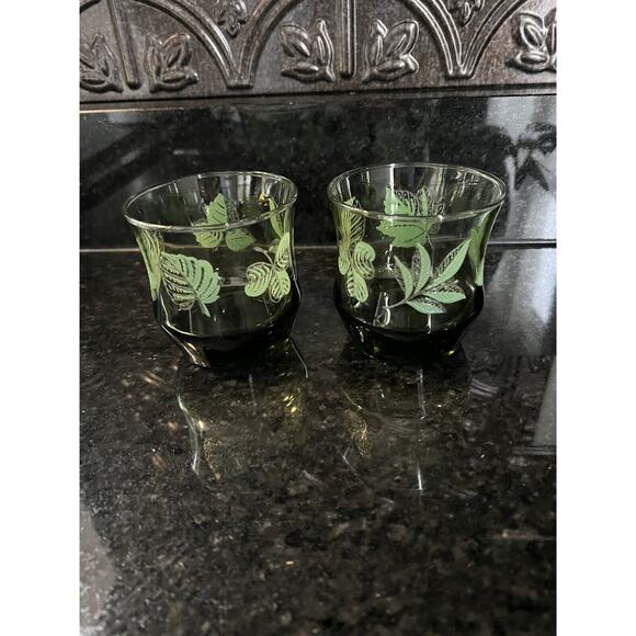 Libbey Apollo Old Fashion Glasses Green Leaves Vintage Set of 2 - Picture 2 of 7